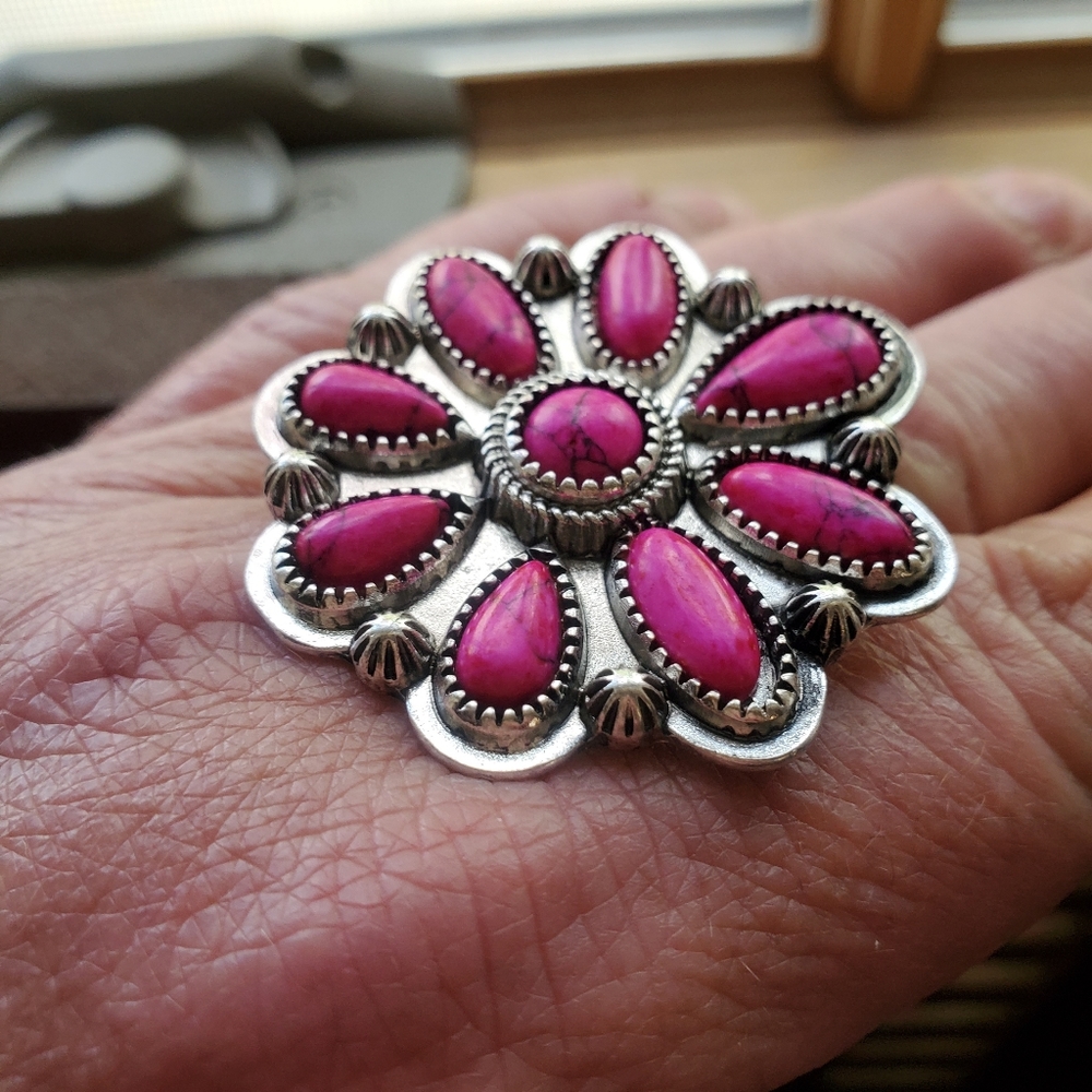 Free Spirit Boho Native South Western People Pink Stone Beaded Flower Ring